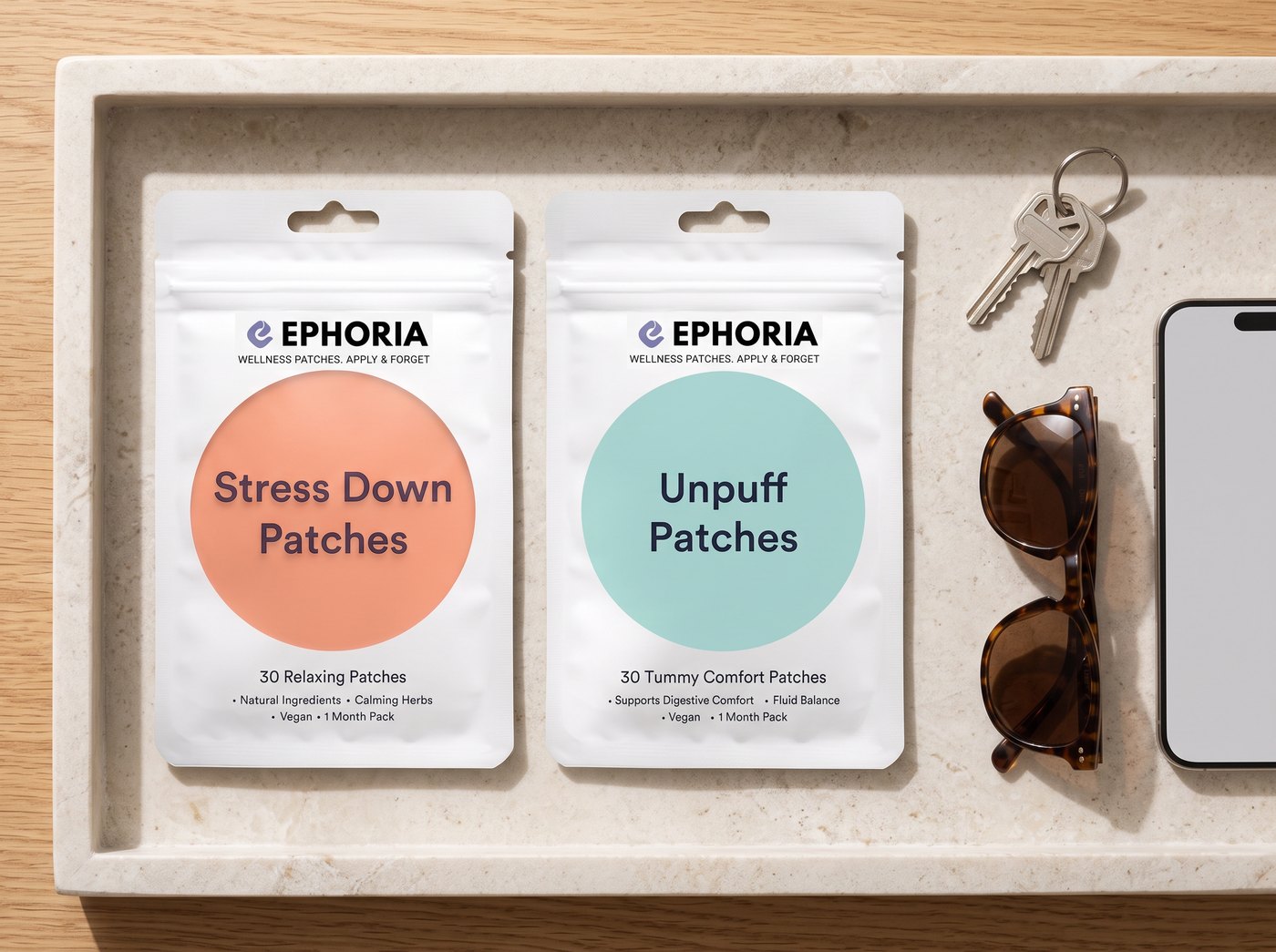 Ephoria Solace and Ebb pouches with keys, ready to go