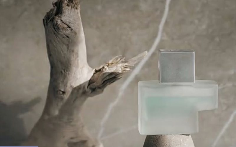 A frosted glass bottle with a brushed-metal cap on a stone plinth beside driftwood