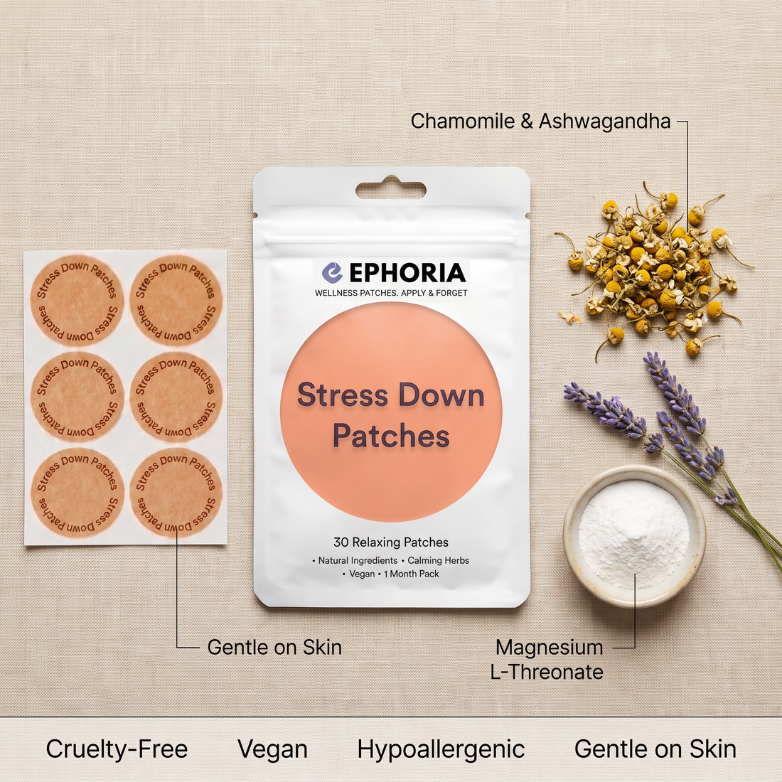 Solace ingredients flat lay — chamomile, ashwagandha and lavender
