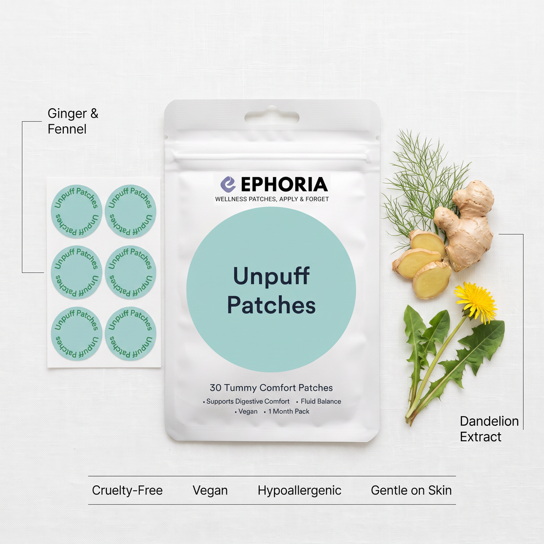 Ebb ingredients flat lay — ginger, fennel and dandelion