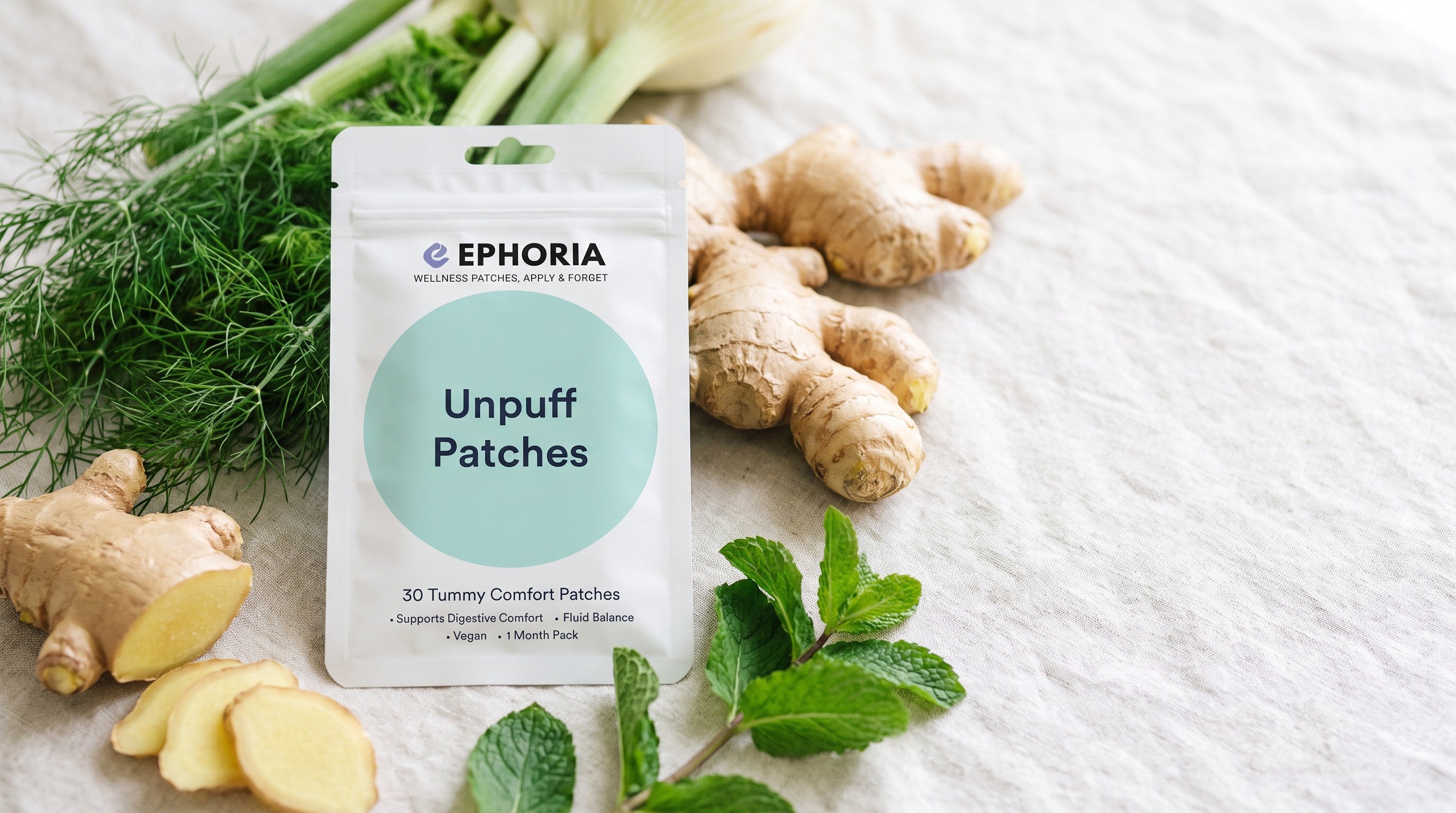 Ephoria Unpuff pouch among fresh fennel, ginger and mint on linen