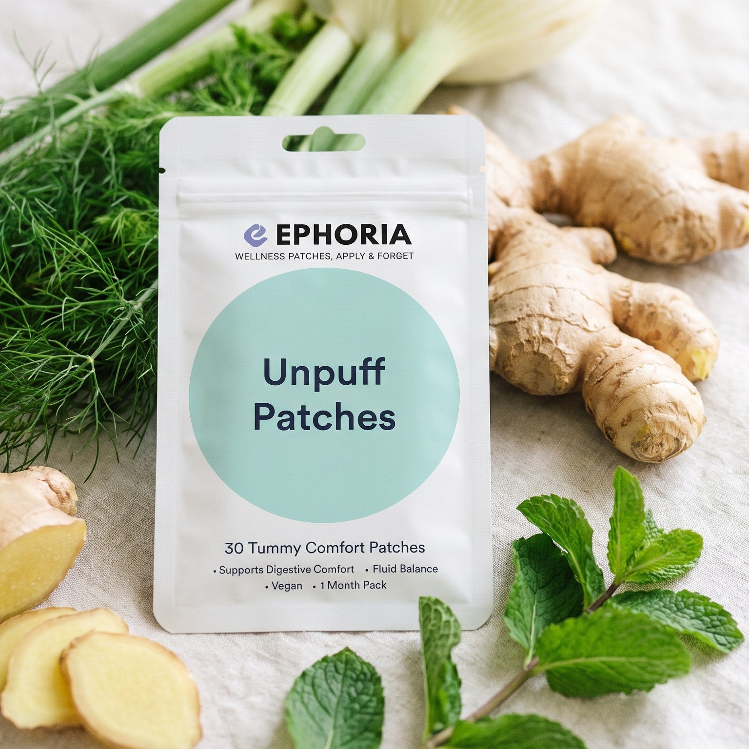 Ephoria Unpuff pouch among fresh botanicals — mobile hero