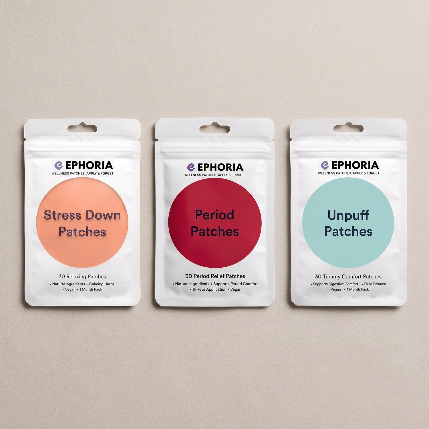 Ease Your Cycle — the three patches laid flat